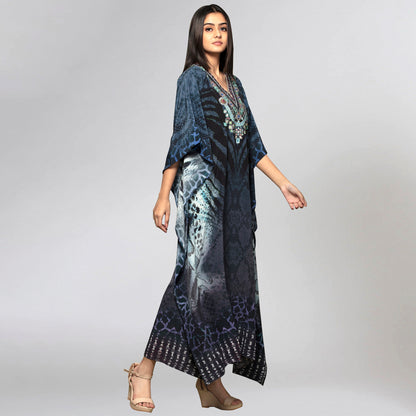 Dark Blue Python Print Embellished Silk Full Length Kaftan