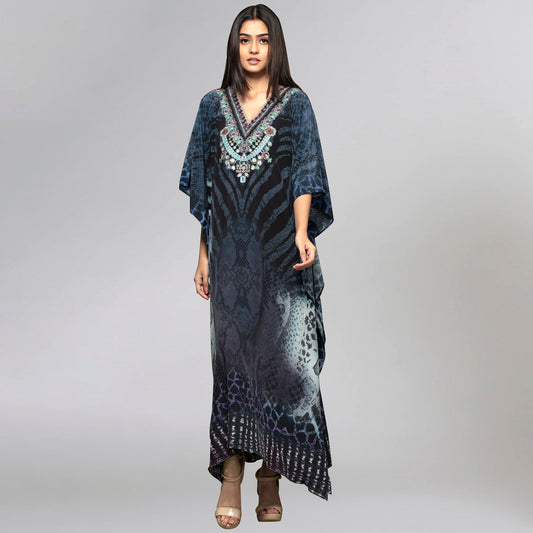 Dark Blue Python Print Embellished Silk Full Length Kaftan