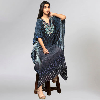 Dark Blue Python Print Embellished Silk Full Length Kaftan