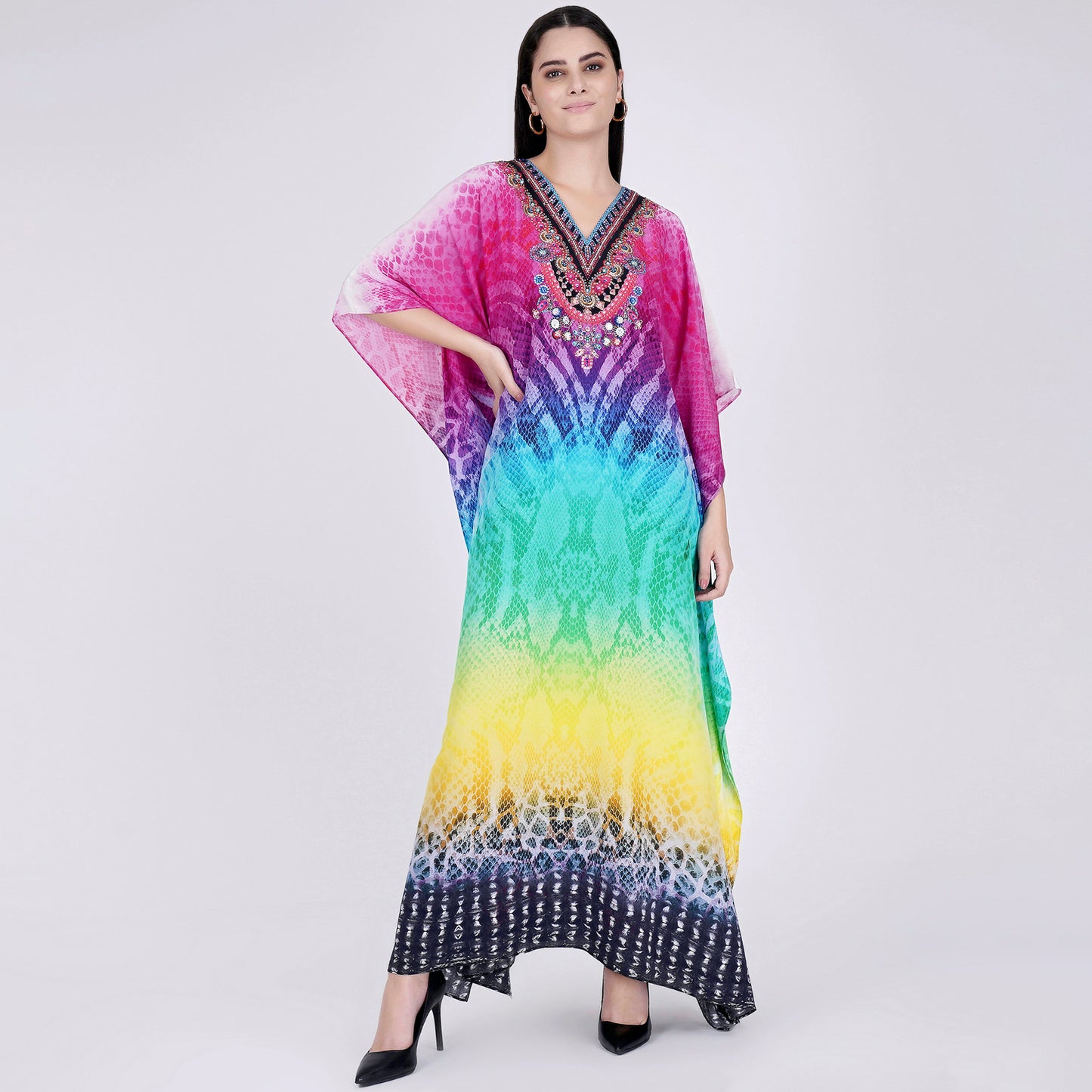 Multicoloured Python Print Embellished Silk Full Length Kaftan
