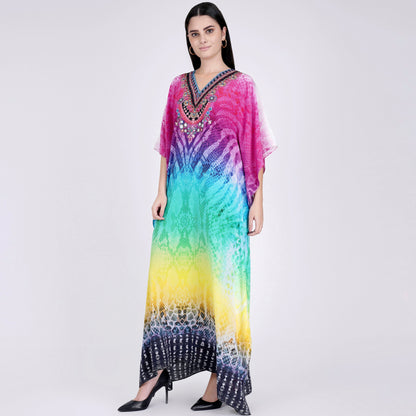 Multicoloured Python Print Embellished Silk Full Length Kaftan