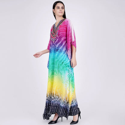 Multicoloured Python Print Embellished Silk Full Length Kaftan