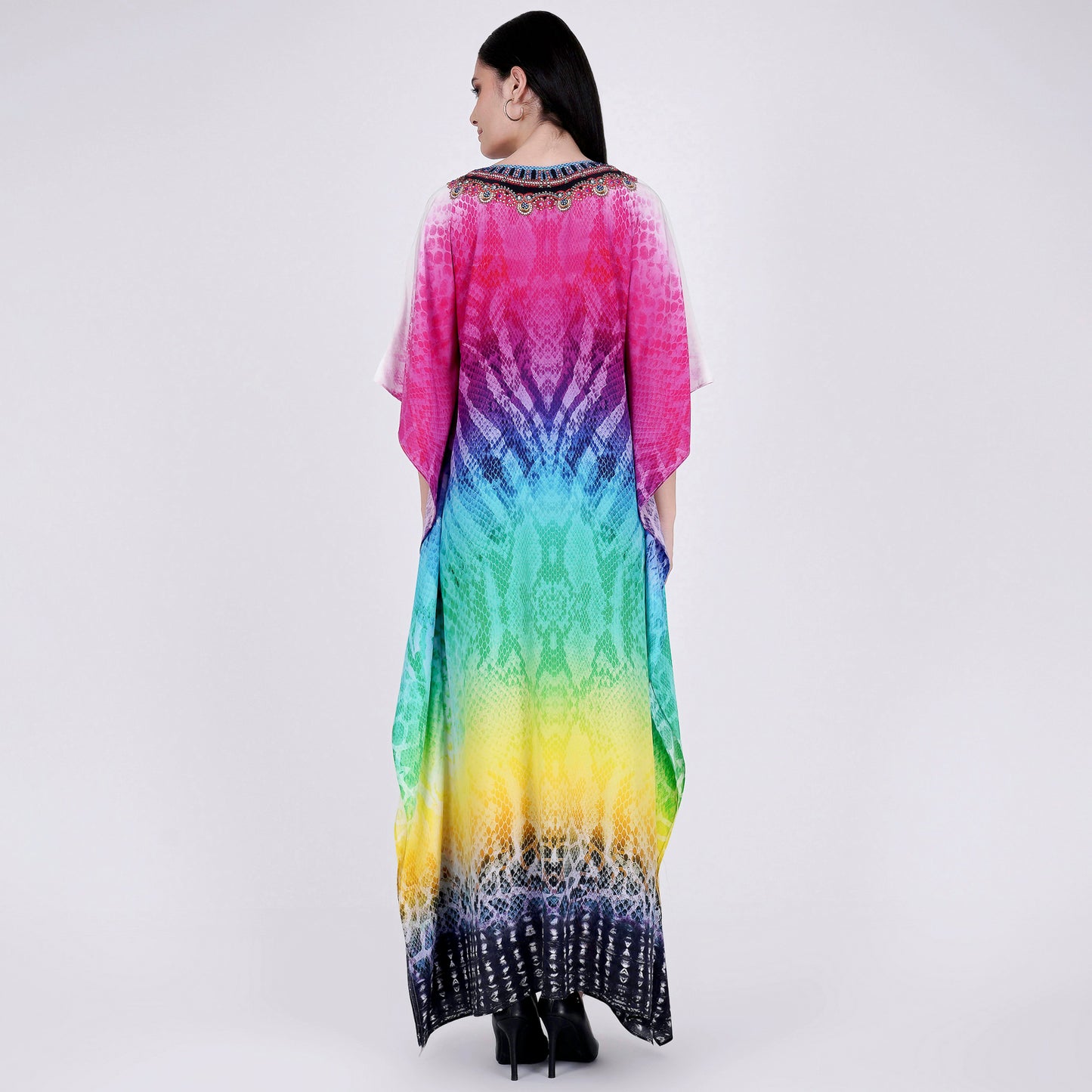 Multicoloured Python Print Embellished Silk Full Length Kaftan