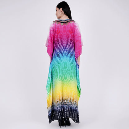 Multicoloured Python Print Embellished Silk Full Length Kaftan