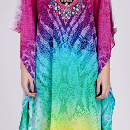 Multicoloured Python Print Embellished Silk Full Length Kaftan