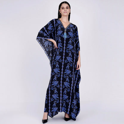 Black and Blue Embellished Silk Full Length Kaftan