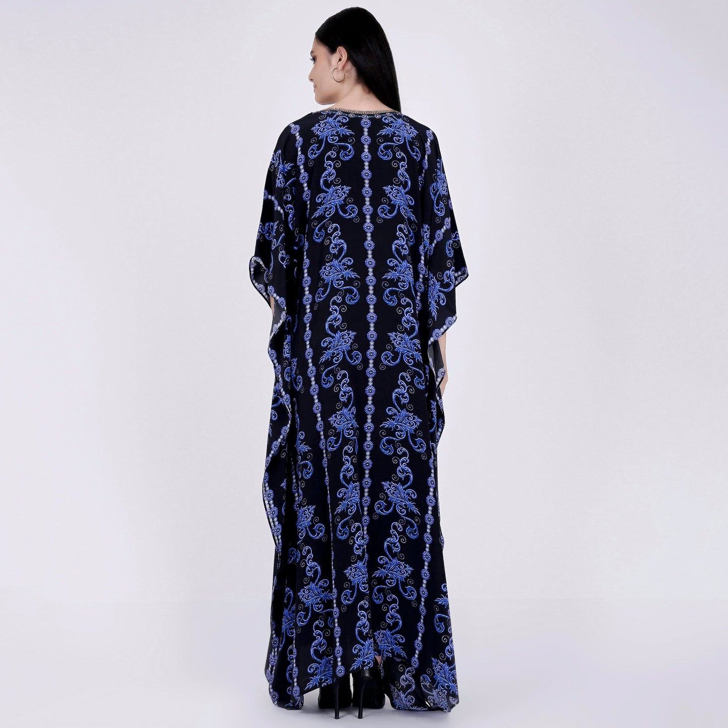 Black and Blue Embellished Silk Full Length Kaftan