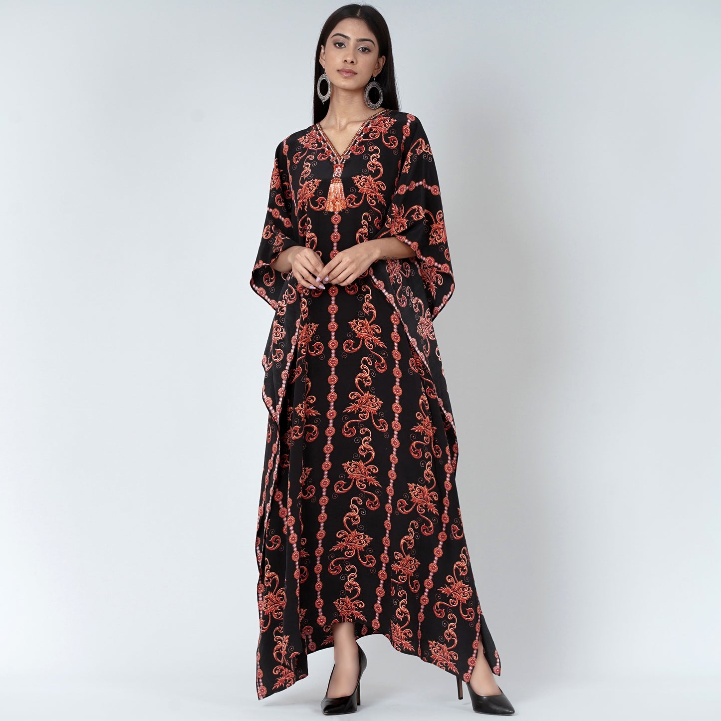 Black and Orange Embellished Silk Full Length Kaftan