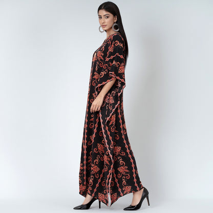 Black and Orange Embellished Silk Full Length Kaftan