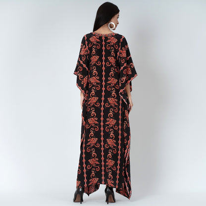 Black and Orange Embellished Silk Full Length Kaftan