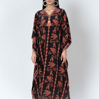 Black and Orange Embellished Silk Full Length Kaftan