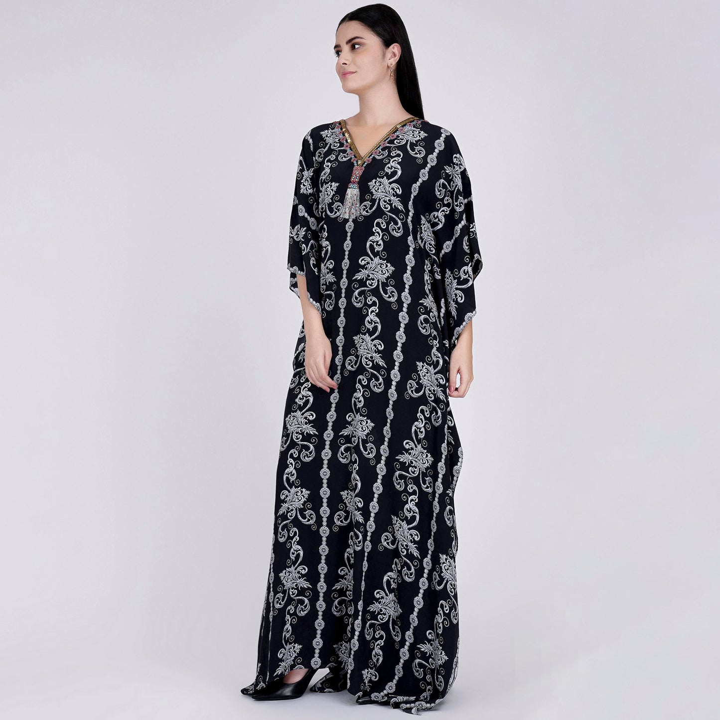 Black and White Embellished Silk Full Length Kaftan