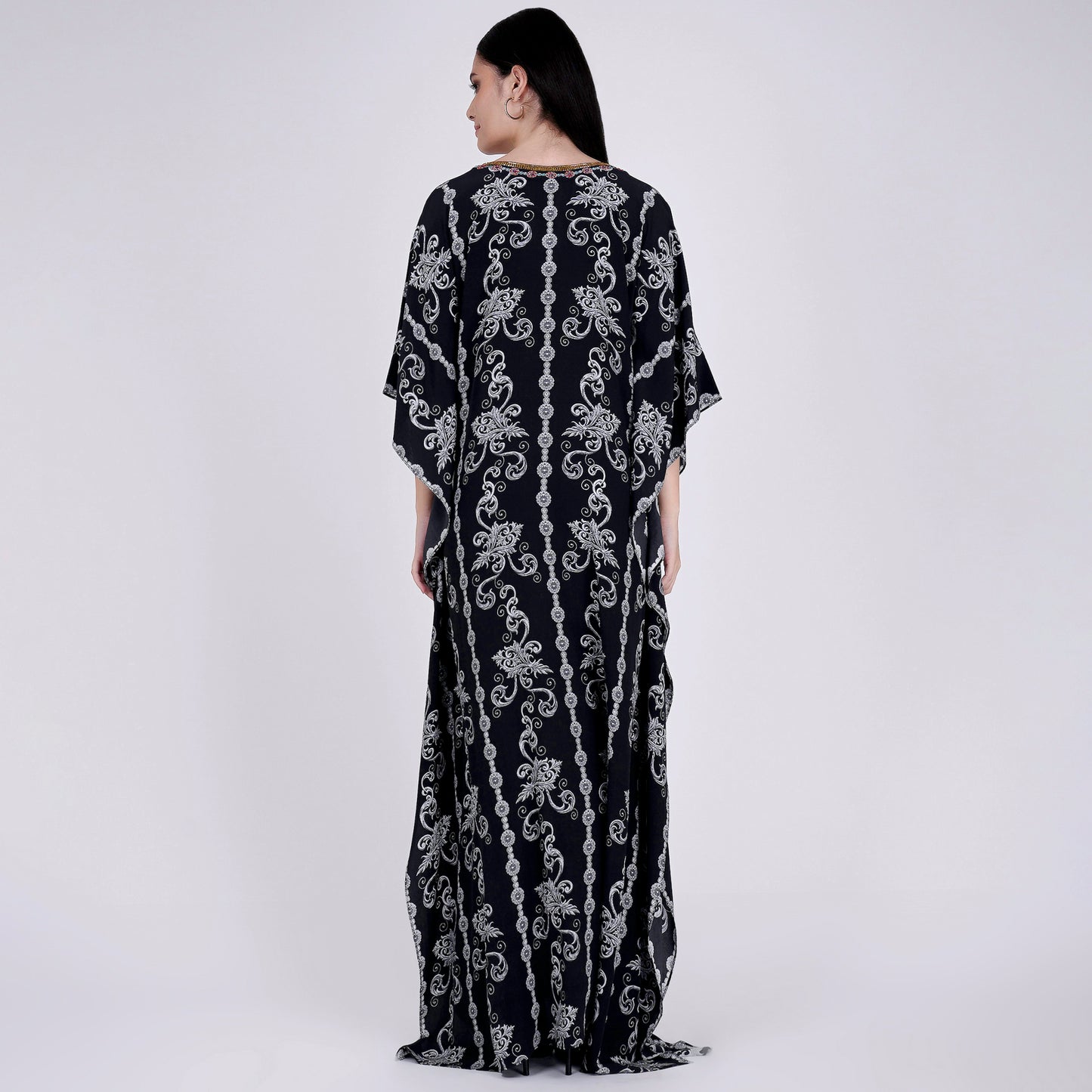 Black and White Embellished Silk Full Length Kaftan