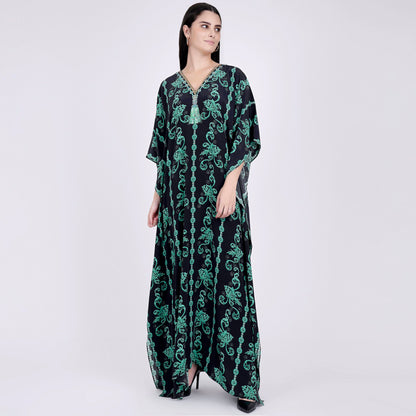 Black and Green Ivy Embellished Silk Full Length Kaftan
