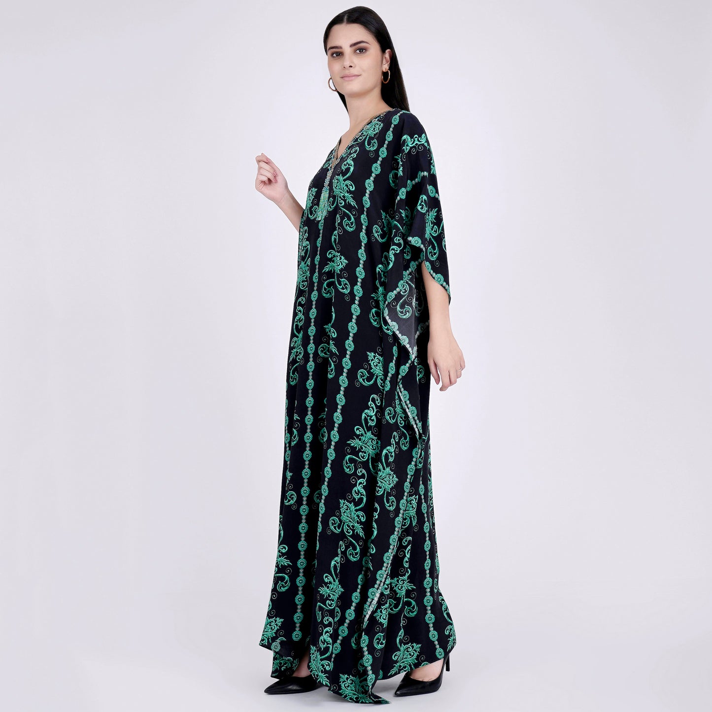 Black and Green Ivy Embellished Silk Full Length Kaftan