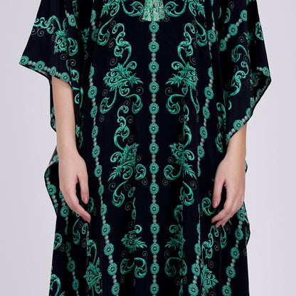 Black and Green Ivy Embellished Silk Full Length Kaftan