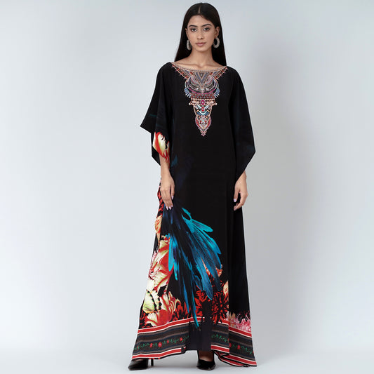 Black and Blue Splash Print Embellished Silk Full Length Kaftan