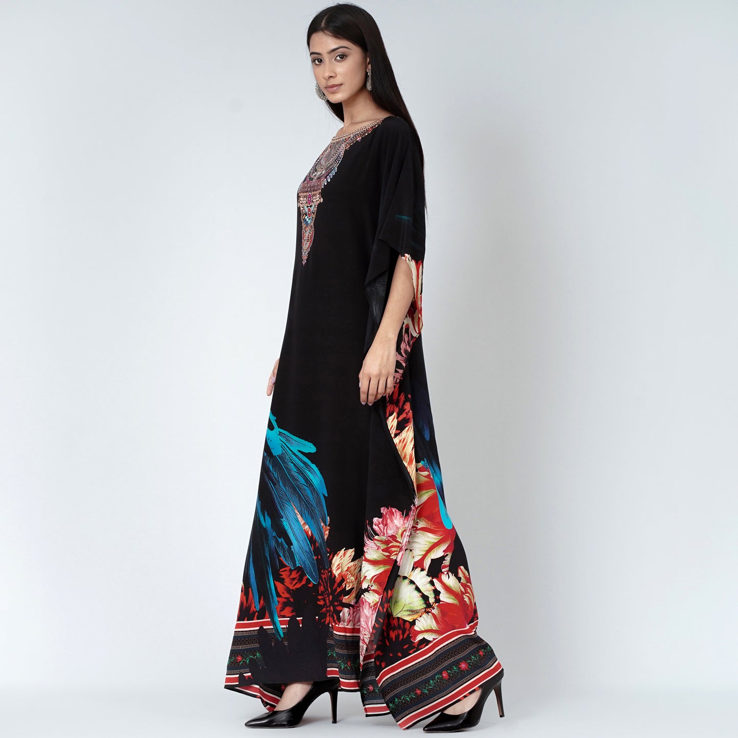 Black and Blue Splash Print Embellished Silk Full Length Kaftan