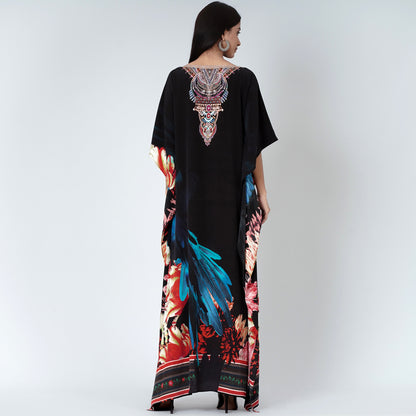 Black and Blue Splash Print Embellished Silk Full Length Kaftan