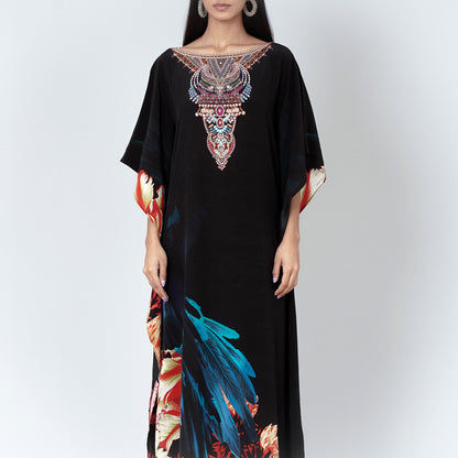 Black and Blue Splash Print Embellished Silk Full Length Kaftan