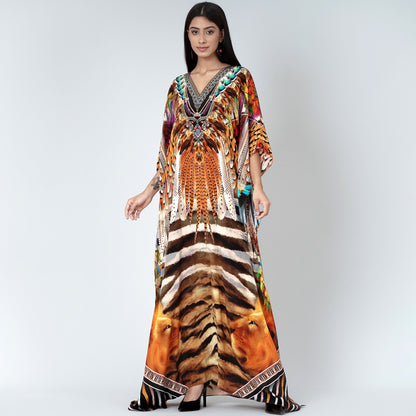 Brown and Black Tribal Print Embellished Silk Full Length Kaftan
