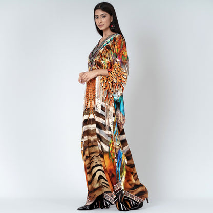 Brown and Black Tribal Print Embellished Silk Full Length Kaftan