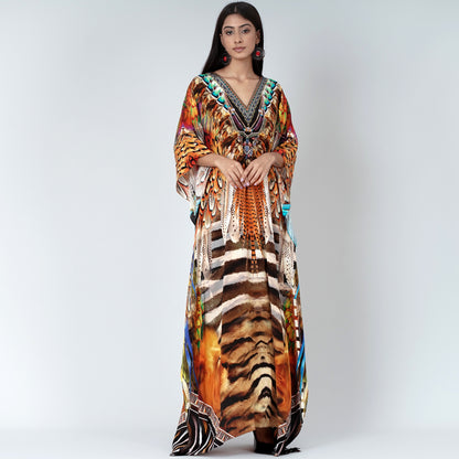 Brown and Black Tribal Print Embellished Silk Full Length Kaftan