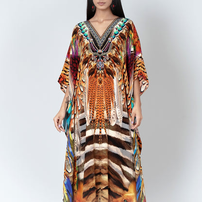 Brown and Black Tribal Print Embellished Silk Full Length Kaftan