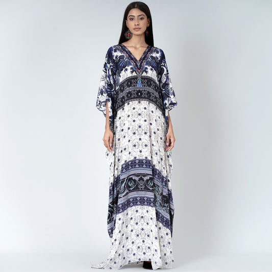 White and Blue Porcelain Print Embellished Silk Full Length Kaftan