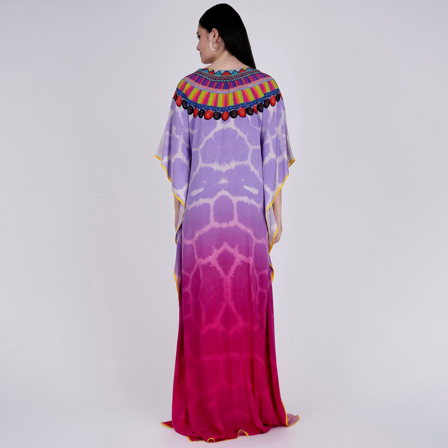 Mauve and Fuschia Ombre Print Embellished Silk Full Length Kaftan