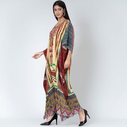 Yellow and Brown Tassel Print Embellished Silk Full Length Kaftan