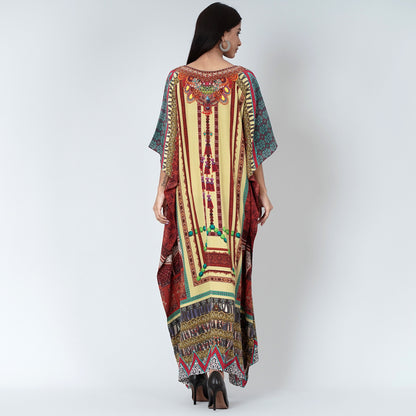 Yellow and Brown Tassel Print Embellished Silk Full Length Kaftan