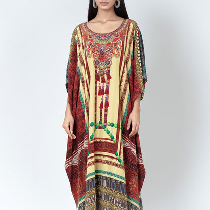 Yellow and Brown Tassel Print Embellished Silk Full Length Kaftan