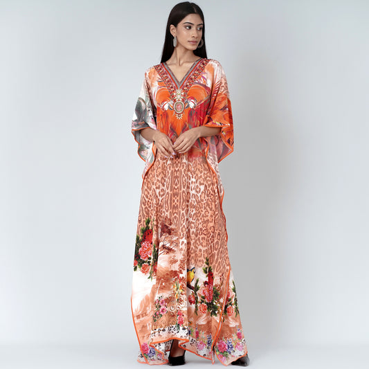Burnt Orange and Brown Animal Print Embellished Silk Full Length Kaftan