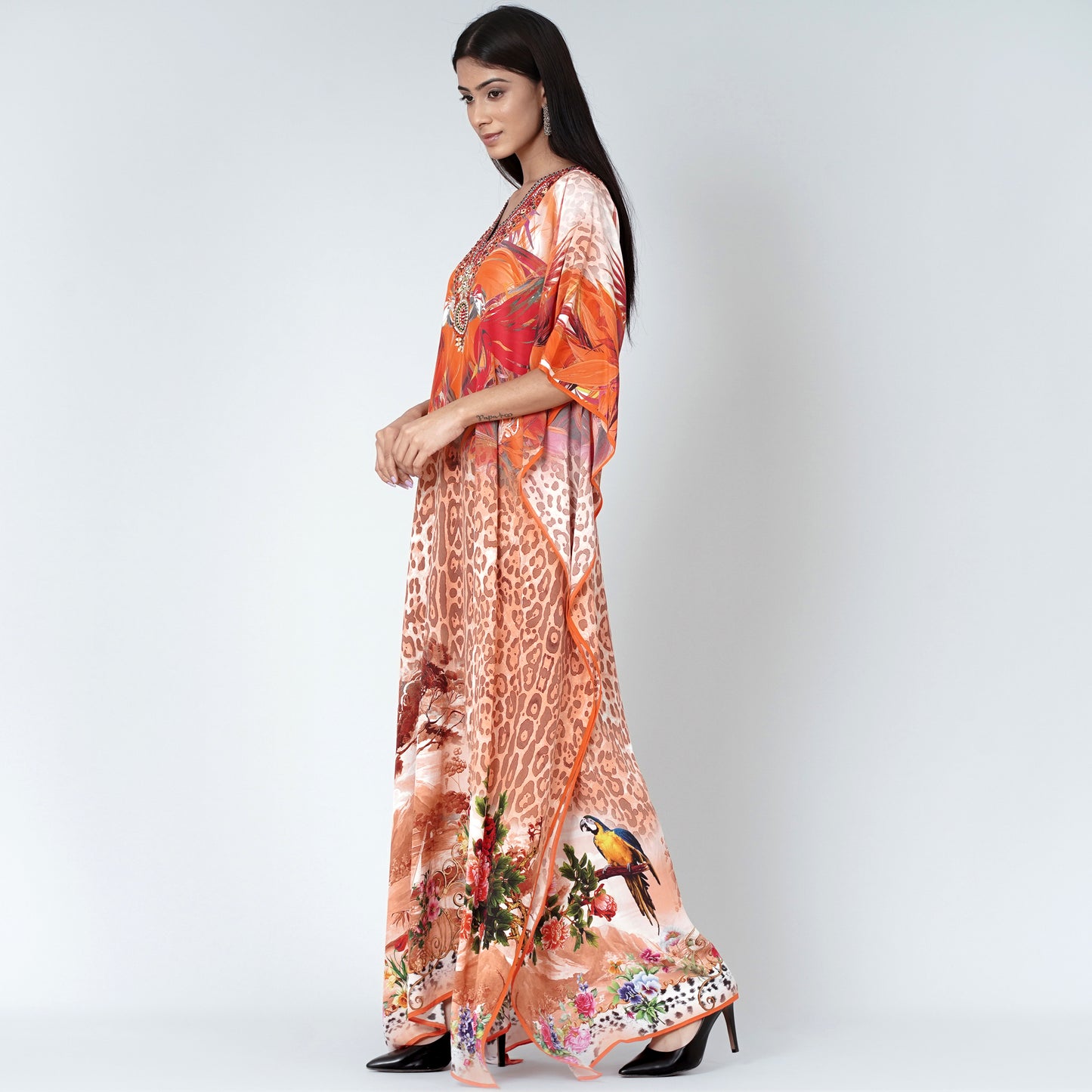 Burnt Orange and Brown Animal Print Embellished Silk Full Length Kaftan