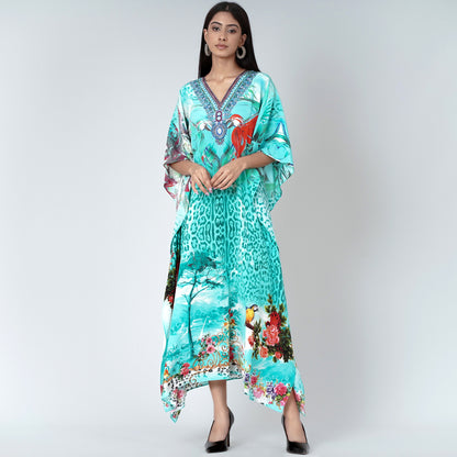 Turquoise Animal Print Embellished Silk Full Length Kaftan