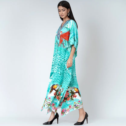 Turquoise Animal Print Embellished Silk Full Length Kaftan