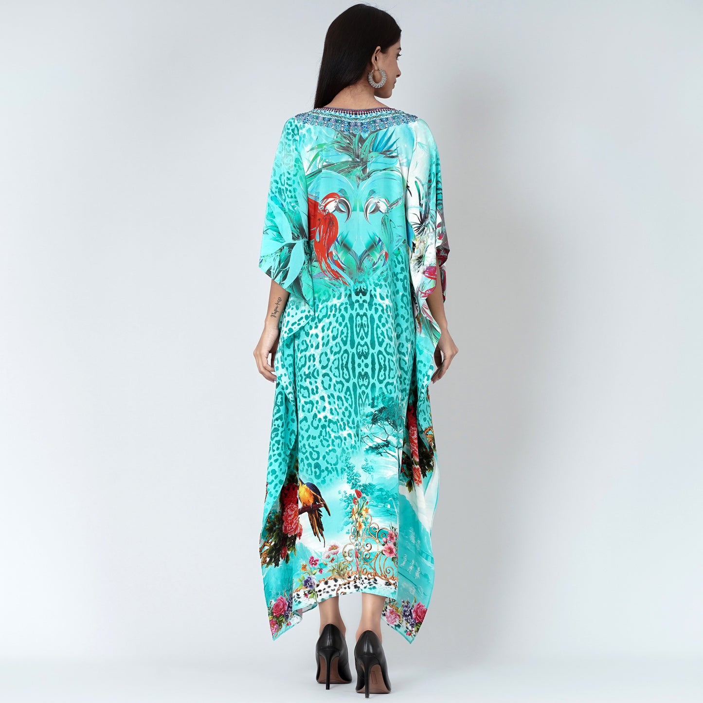 Turquoise Animal Print Embellished Silk Full Length Kaftan