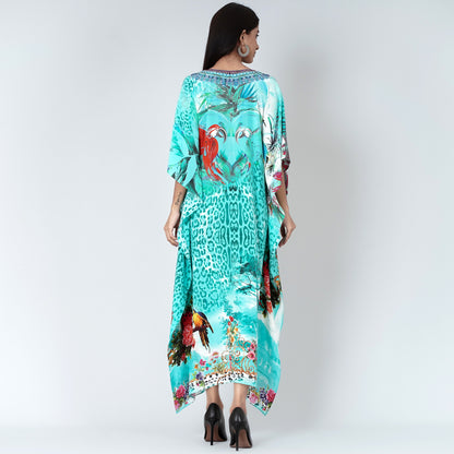 Turquoise Animal Print Embellished Silk Full Length Kaftan