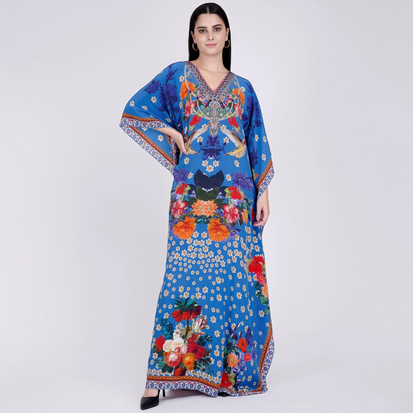 Blue and Orange Floral Print Embellished Silk Full Length Kaftan