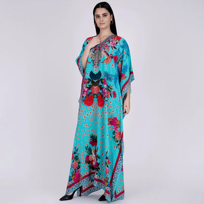 Blue and Pink Floral Print Embellished Silk Full Length Kaftan