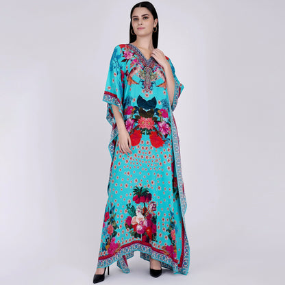 Blue and Pink Floral Print Embellished Silk Full Length Kaftan
