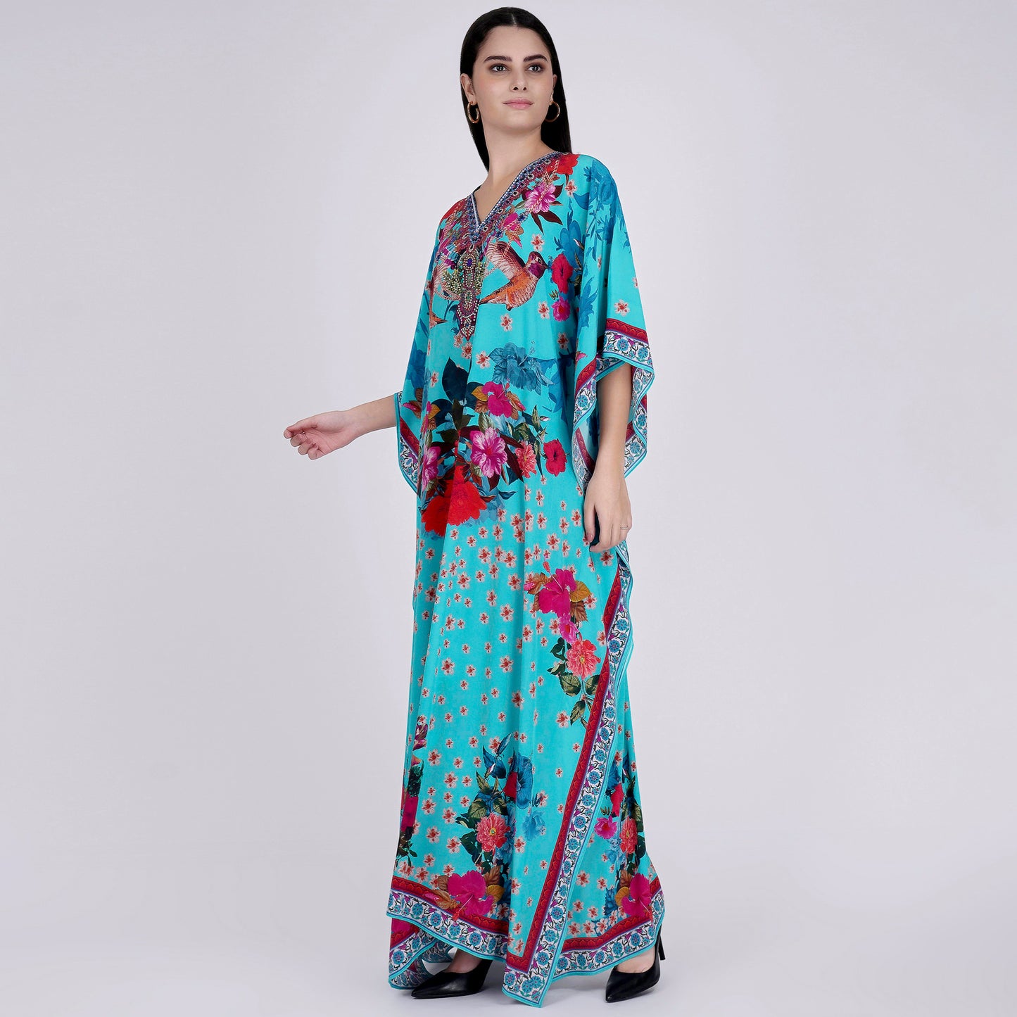 Blue and Pink Floral Print Embellished Silk Full Length Kaftan