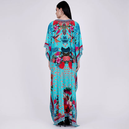 Blue and Pink Floral Print Embellished Silk Full Length Kaftan
