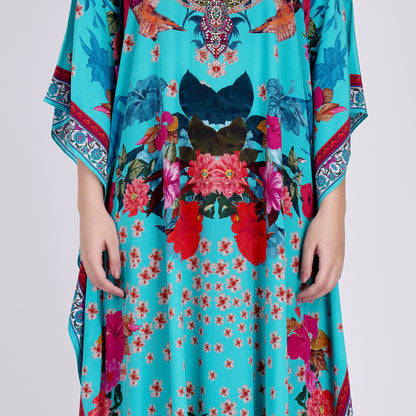 Blue and Pink Floral Print Embellished Silk Full Length Kaftan