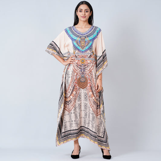 Beige Zebra Print Embellished Silk Full Length Kaftan