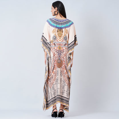 Beige Zebra Print Embellished Silk Full Length Kaftan