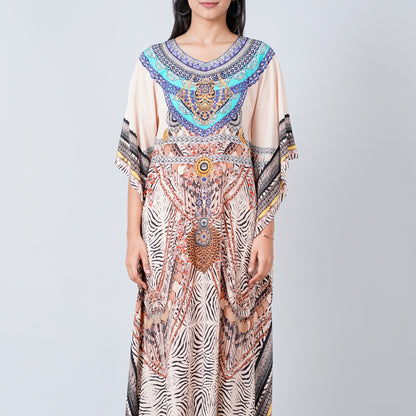 Beige Zebra Print Embellished Silk Full Length Kaftan