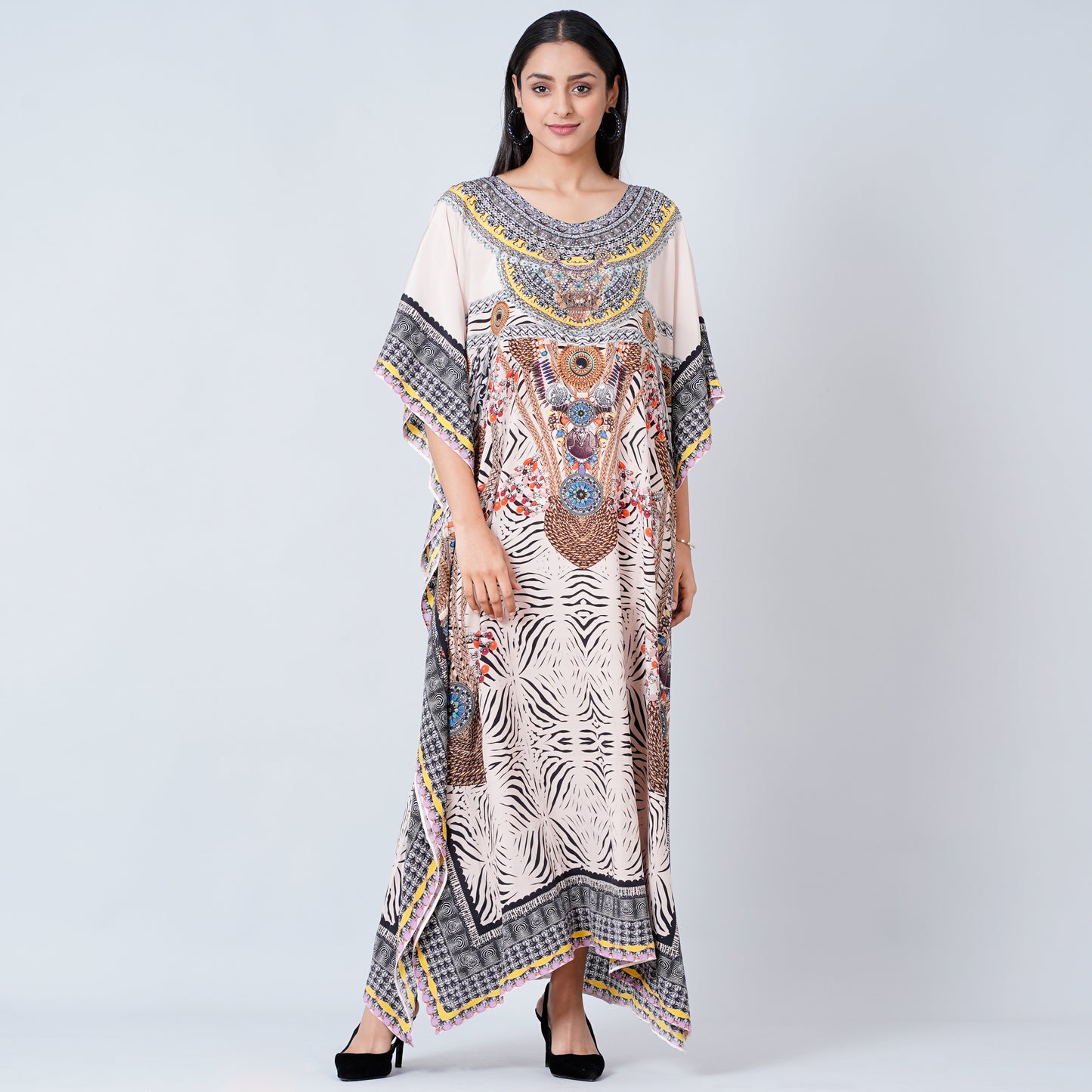 Grey Zebra Print Embellished Silk Full Length Kaftan