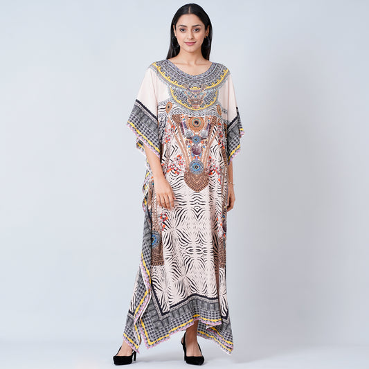 Grey Zebra Print Embellished Silk Full Length Kaftan